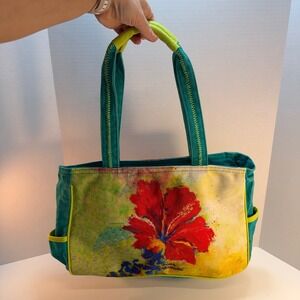 Luana Lovegrove‎ Canvas Tote Shoulder Bag Purse  Hibiscus Flower Teal Art READ